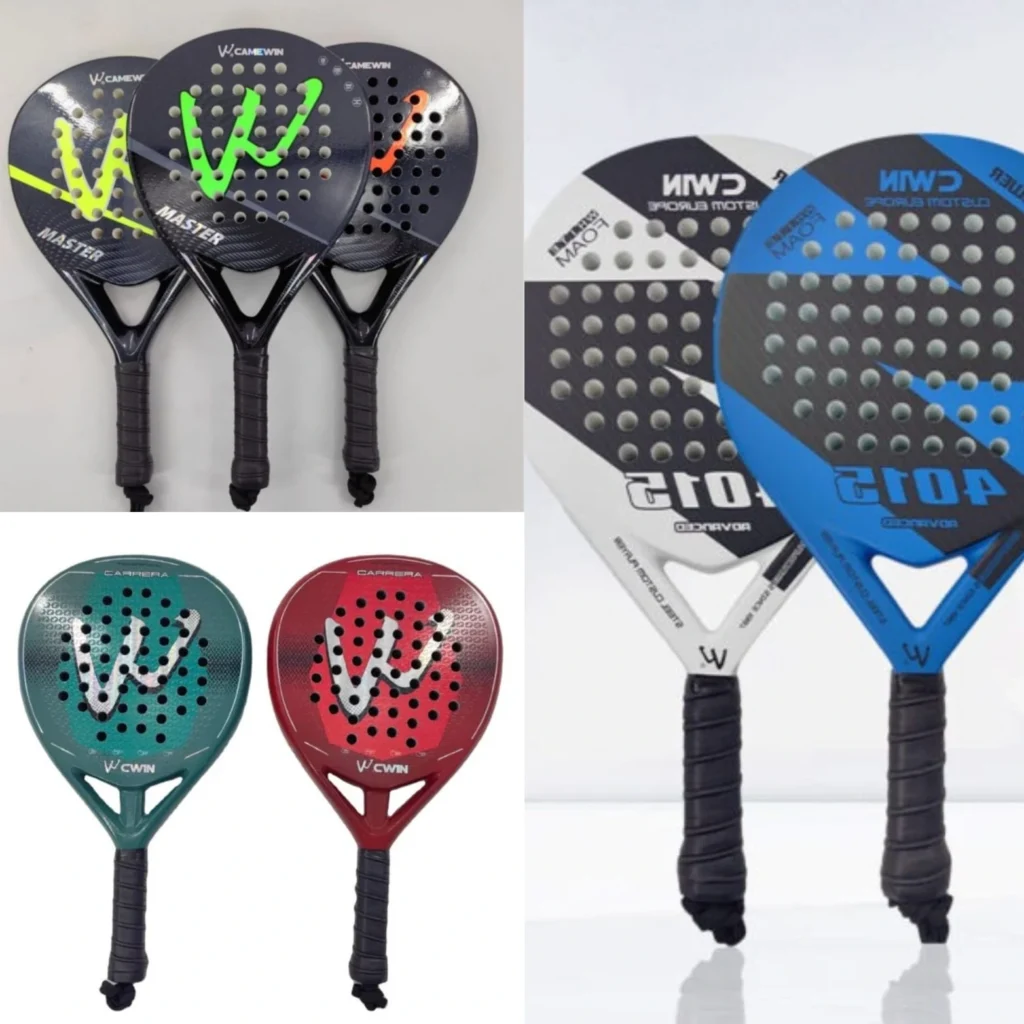 Intermediate Camewin padel rackets with 100% carbon fiber frames, EVA soft cores, and high-control 'Storm' series design