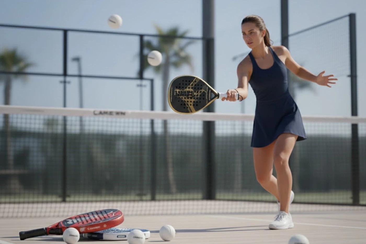 Female player playing padel with CAMEWIN rackets