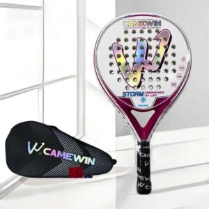 CAMEWIN padel racket in white and red featuring an EVA Soft core and carbon fiber construction with a matching carry bag.
