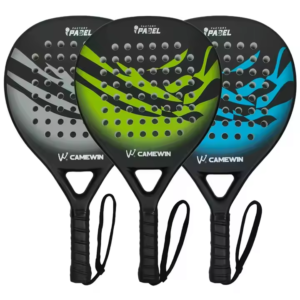 Three CWIN padel rackets featuring mint green, vibrant orange, and slate grey camouflage patterns with a black carbon fiber frame.