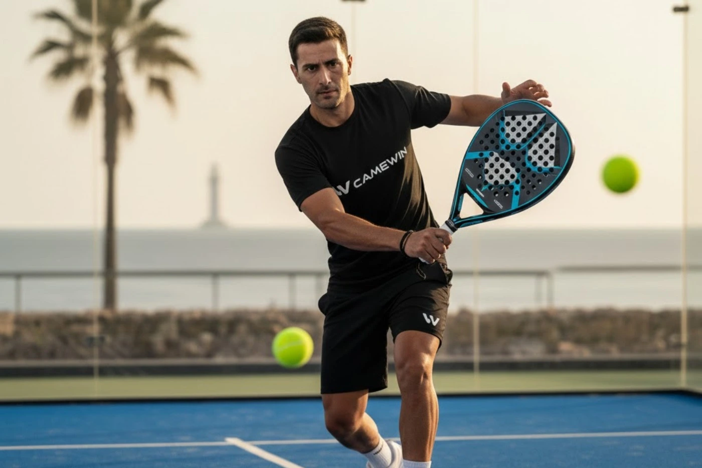 Male player playing padel with CAMEWIN advanced padel rackets