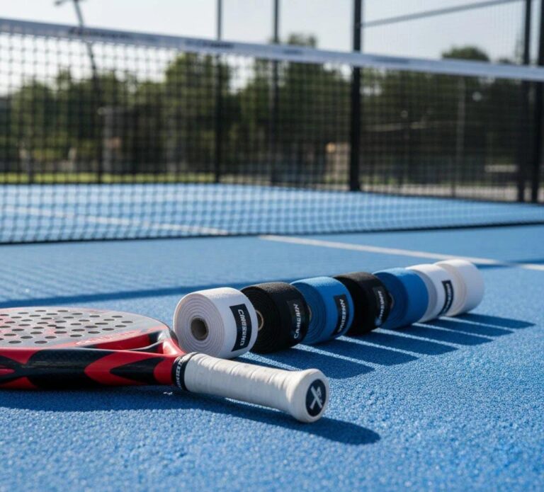 A padel racket and rolls of grip tape on a blue court