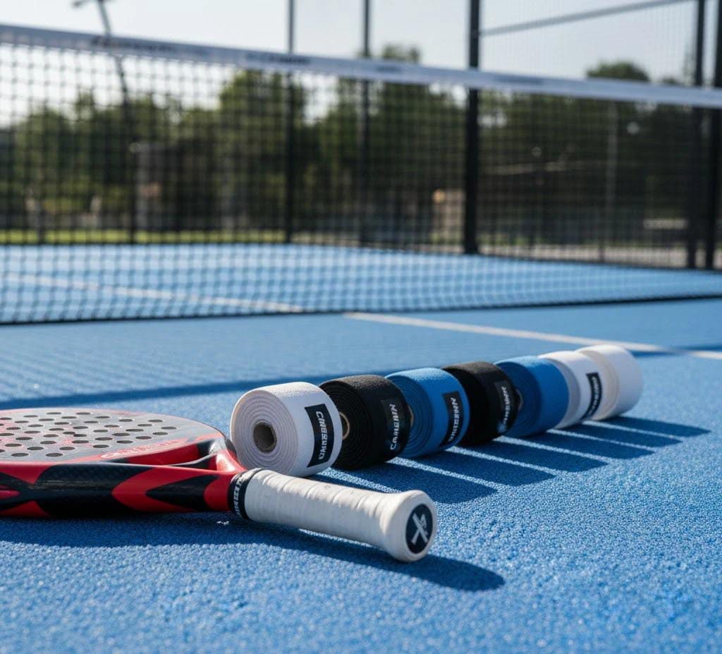 A padel racket and rolls of grip tape on a blue court