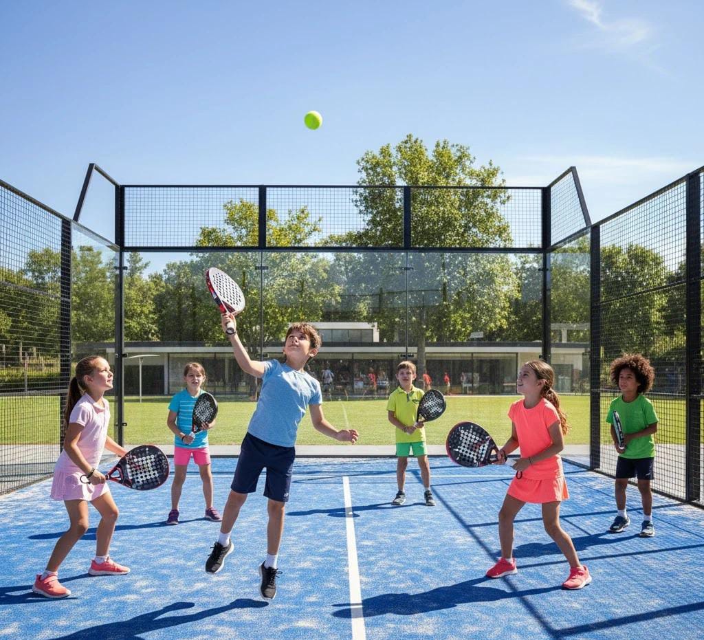 A group of children playing padel on a blue outdoor court.
