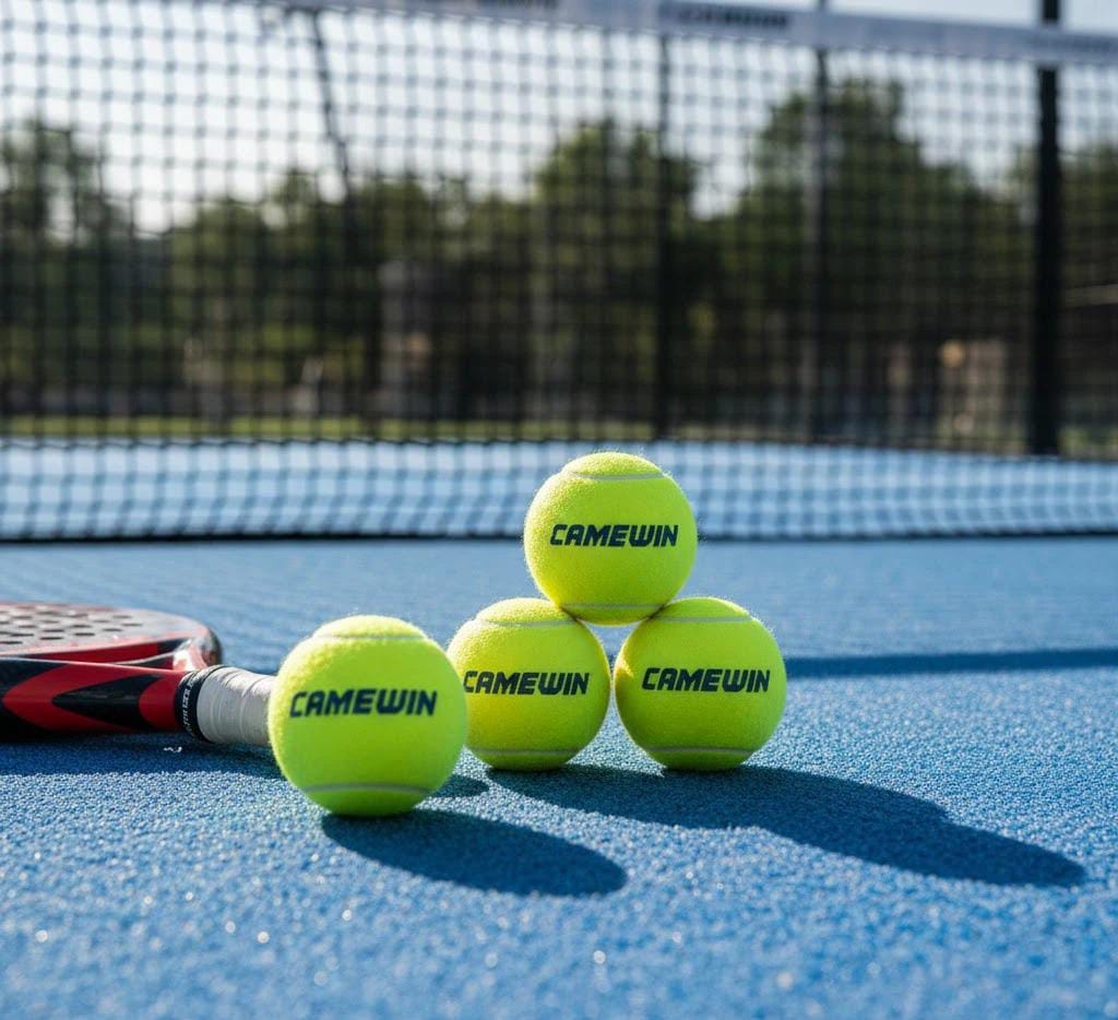 CAMEWIN padel balls and racket handle on a blue court.