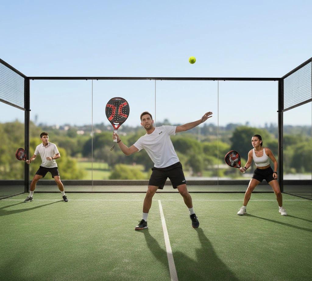 Three people playing padel on a green outdoor court.