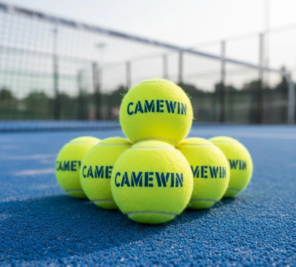 A pyramid of yellow CAMEWIN padel balls on a blue court.