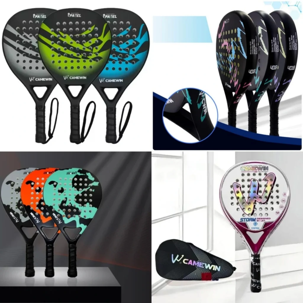 Collage of best padel rackets for beginners featuring carbon fiber frames and various colorful designs