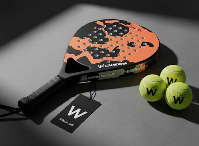 Black and orange Camewin padel racket with balls on a grey surface.