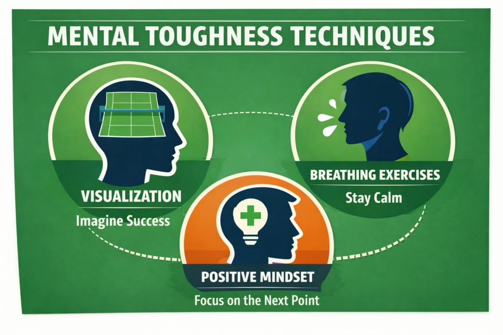 Infographic showing three mental toughness techniques for padel: Visualization (Imagine Success), Breathing Exercises (Stay Calm), and Positive Mindset (Focus on the Next Point).