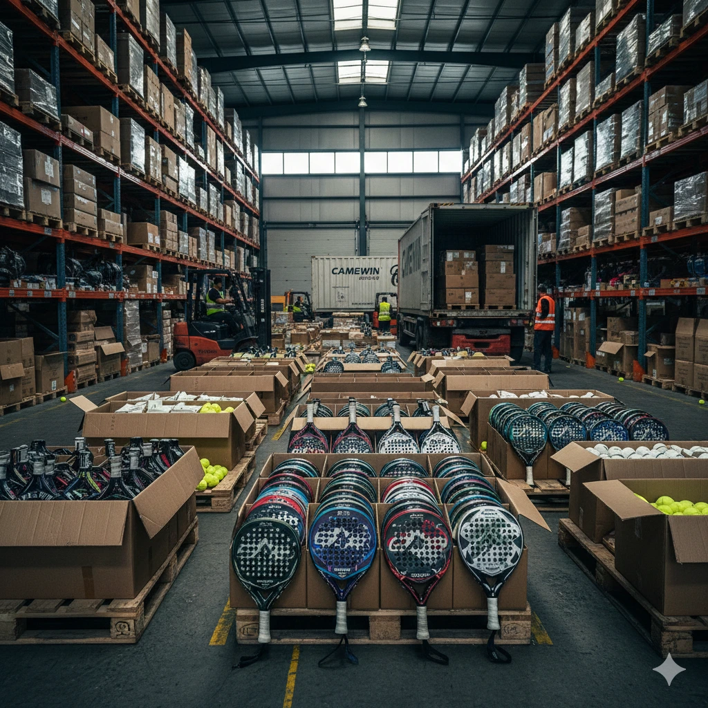 Bulk Camewin padel rackets and sports equipment stored in a large wholesale distribution warehouse