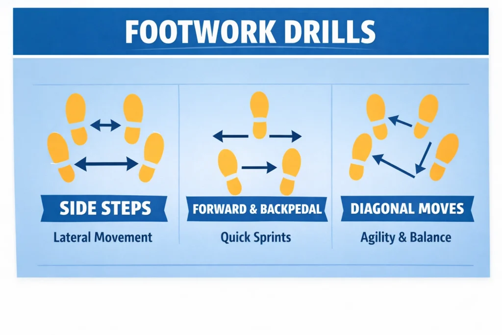 Infographic showing three padel footwork drills: side steps for lateral movement, forward and backpedal for quick sprints, and diagonal moves for agility.