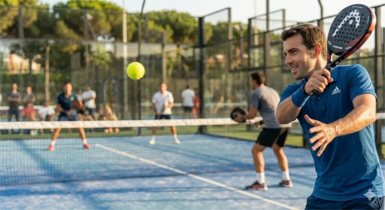 A close-up, realistic shot of a padel player on a blue court mid-swing, showcasing a professional carbon fiber diamond-shaped racket with a yellow ball in motion.