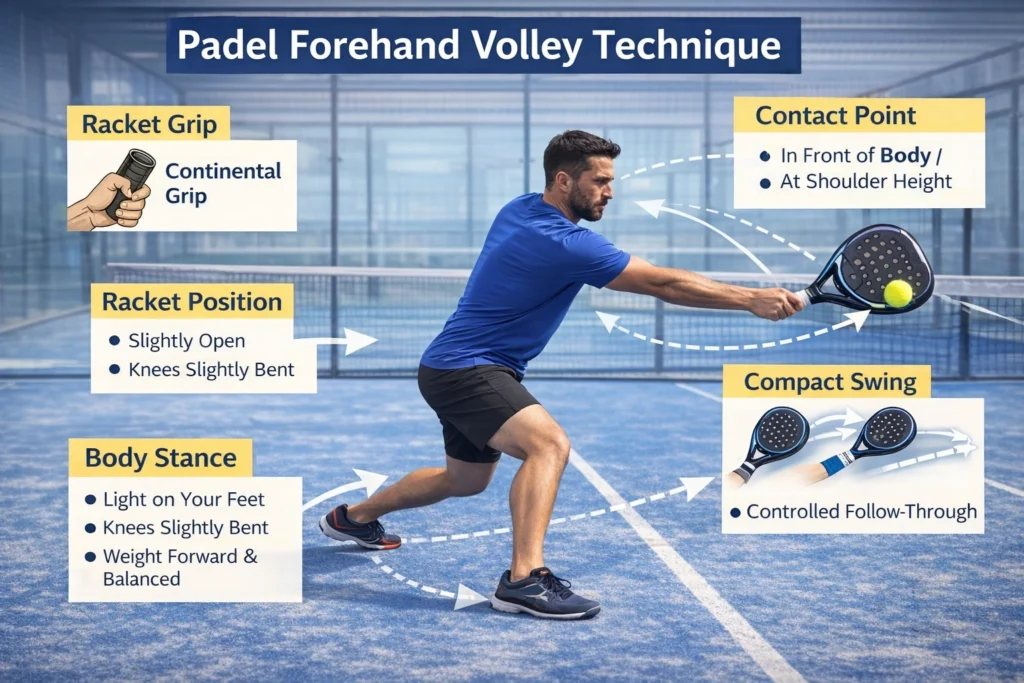 Instructional diagram of a padel forehand volley showing correct continental grip, body stance, and contact point.