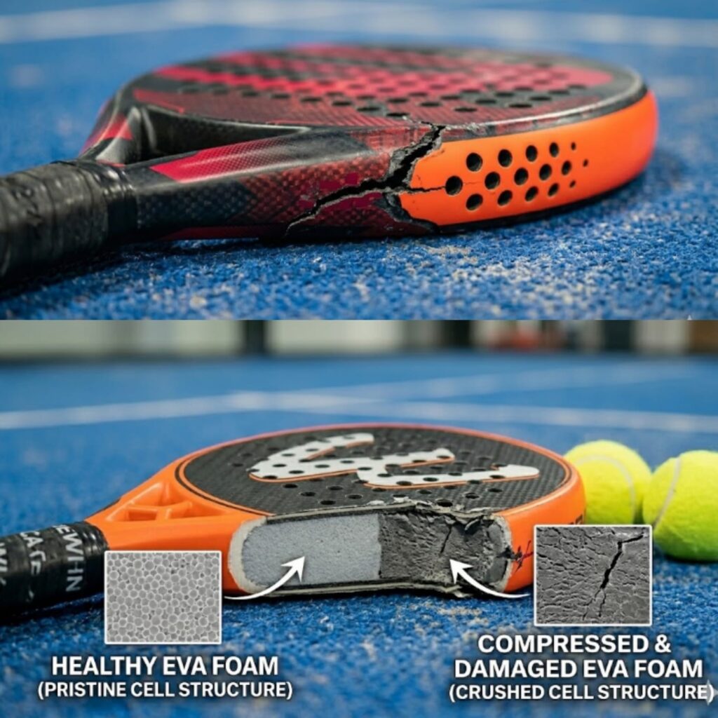 A side-by-side comparison of a cracked padel racket frame and a cross-section showing healthy vs. crushed EVA foam cell structures.