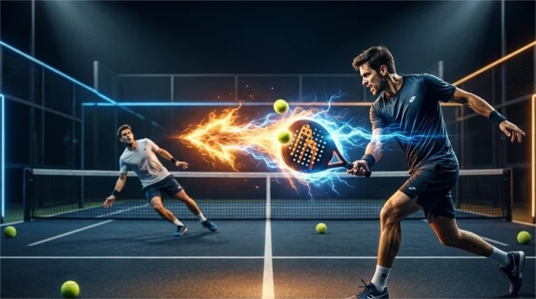 A padel player hitting an aggressive forehand volley with fire and blue lightning energy effects on a night court.