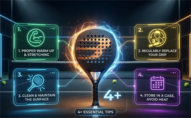 Infographic showing padel tips: Warm-up, Grip replacement, Surface cleaning, and proper Storage.