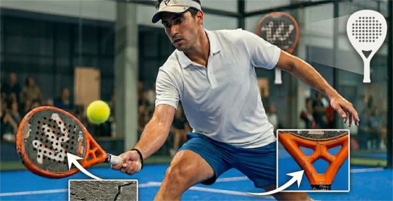 A padel player during a match with inset technical diagrams showing a cracked racket bridge and internal EVA foam degradation