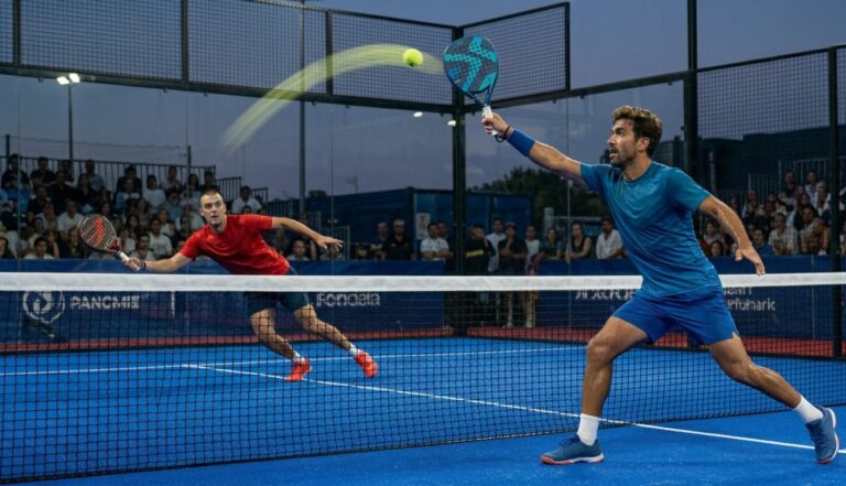 Professional padel player hitting an aggressive high volley at the net with a downward trajectory while the opponent scrambles in a rooftop city court.