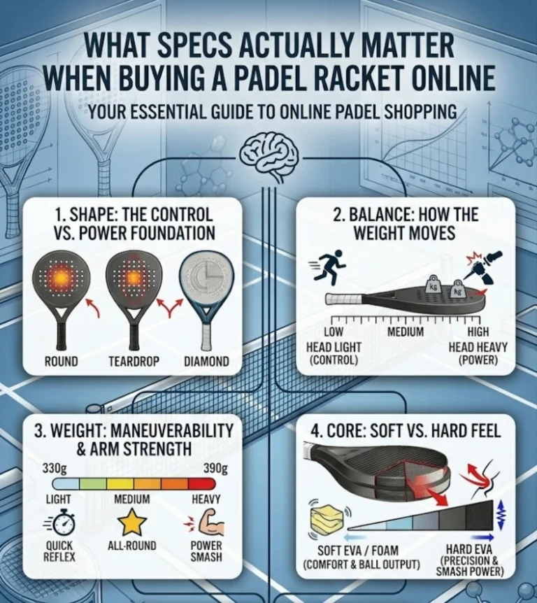 A technical infographic detailing the four key specifications for buying a padel racket: shape, balance, weight, and core material.