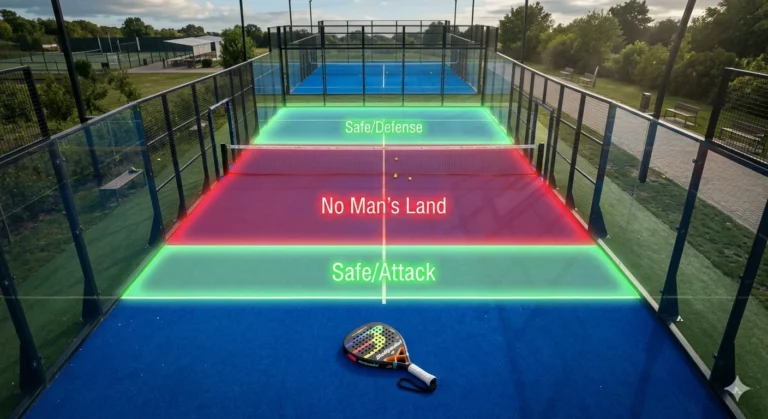 A top-down view of a padel court with highlighted zones for Safe/Defense, No Man’s Land, and Safe/Attack strategies.