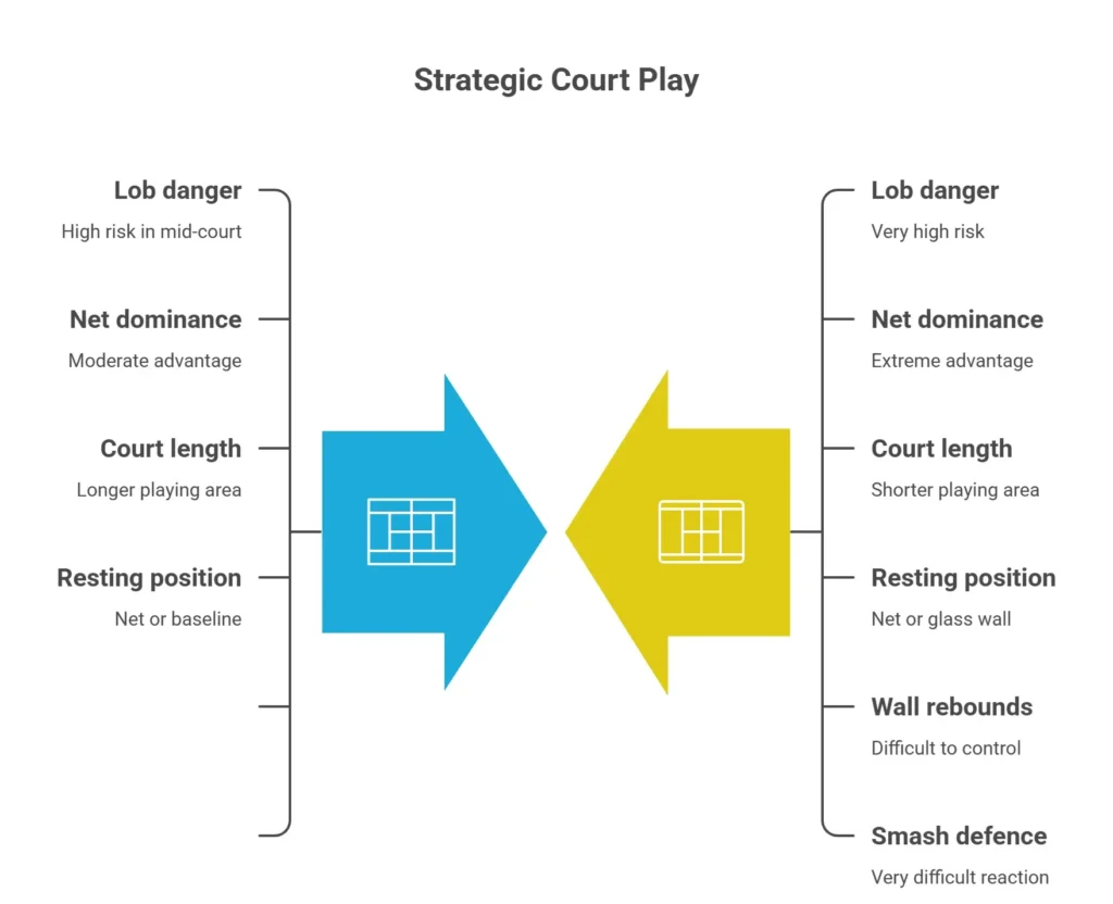 A comparison diagram showing strategic differences between two court types, highlighting lob danger, net dominance, and resting positions.