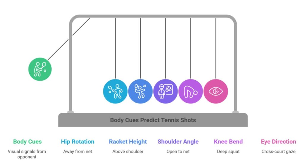 A technical infographic using a Newton’s cradle metaphor to explain how hip rotation, racket height, and knee bend predict shot direction.