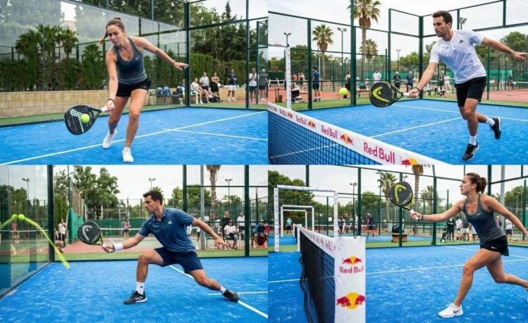 A four-image collage of professional padel players executing low forehand drives and defensive shots off the glass on a blue court.