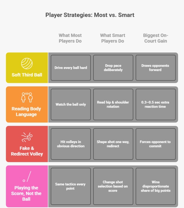 A table comparing "What Most Players Do" vs "What Smart Players Do" across tactics like soft third balls and reading body language.