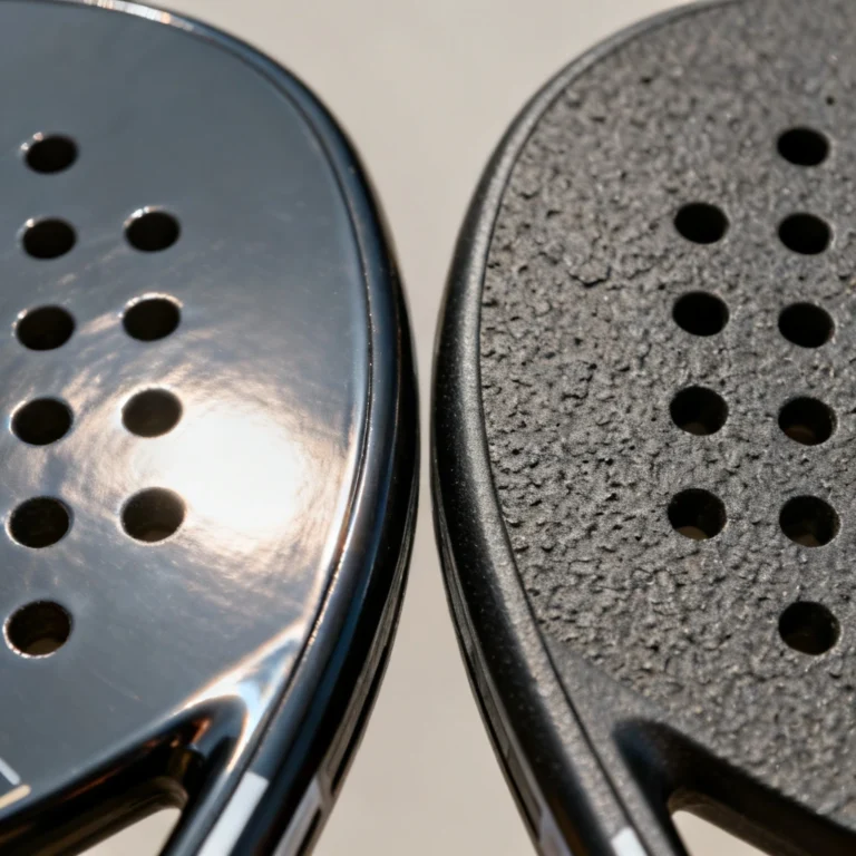 A side-by-side macro comparison of a glossy, smooth padel racket face and a matte, sand-textured rough racket face.