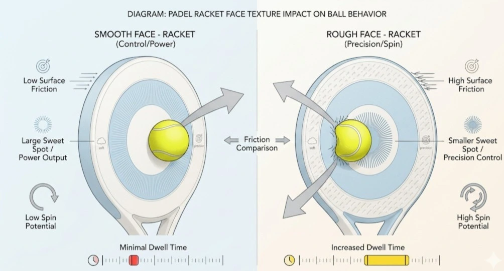 A technical diagram comparing a smooth face racket with low friction and a rough face racket with high surface friction and increased dwell time.