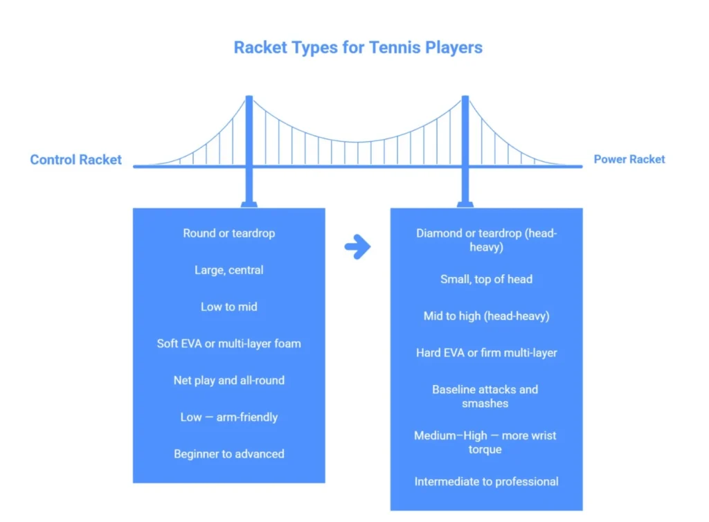 A technical bridge diagram comparing control rackets with round frames and soft foam against power rackets with diamond frames and hard EVA.