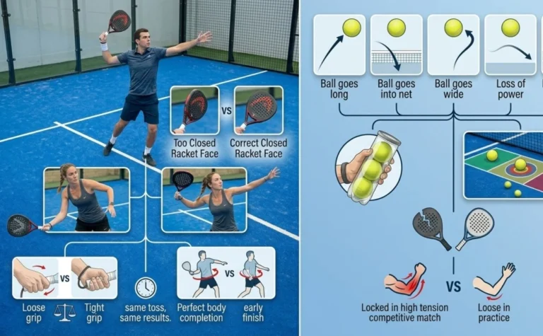 A multi-panel technical infographic showing common padel smash errors, correct racket face angles, and grip tension comparisons.