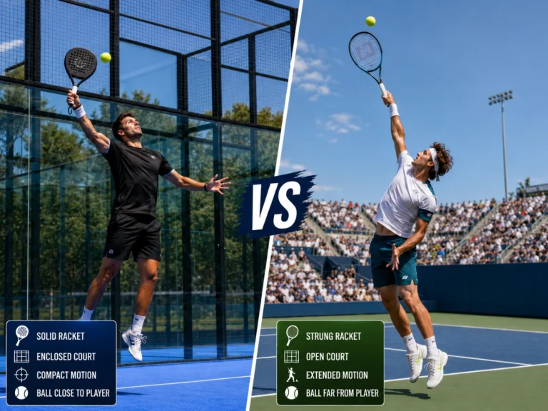 A split-screen image comparing a padel player jumping for a compact smash on an enclosed court versus a tennis player hitting an extended overhead on an open court.