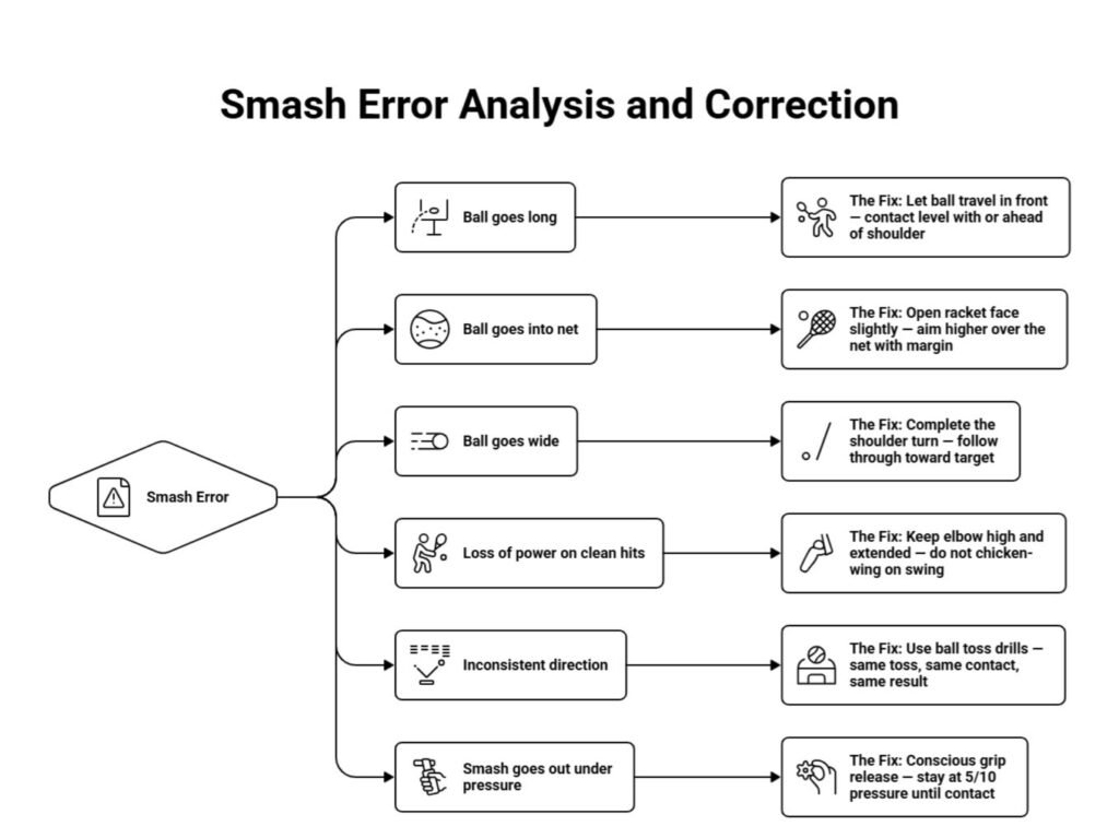 A technical infographic illustrating common padel smash errors including poor contact point, incorrect racket face angle, and body positioning.