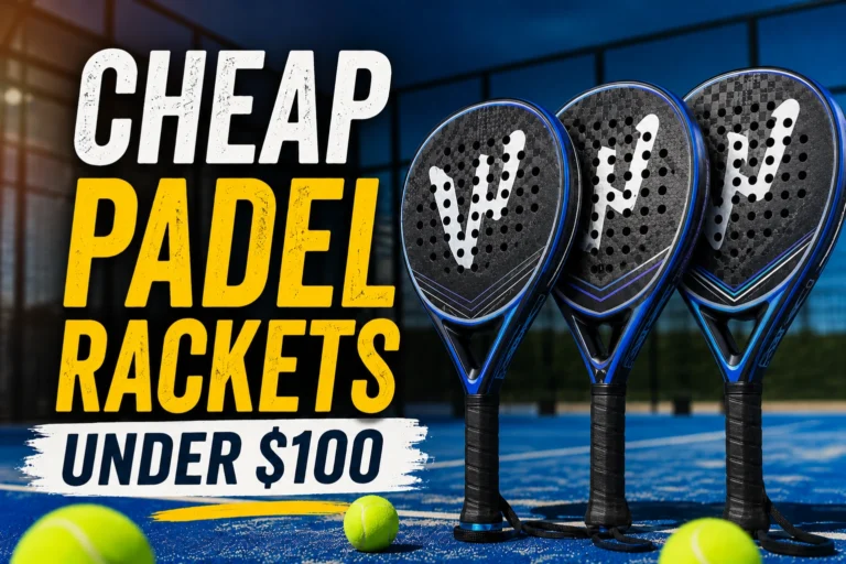 A banner graphic titled Cheap Padel Rackets Under $100, showing three matching blue and black beginner rackets lined up vertically on an outdoor court.