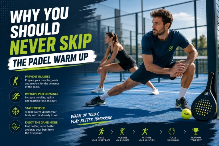 An infographic titled Why You Should Never Skip The Padel Warm Up, featuring players stretching on a court with technical performance benefits.
