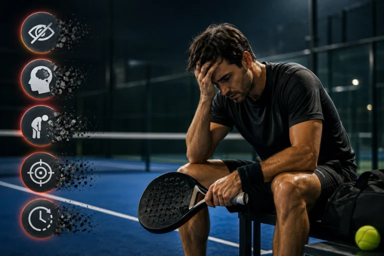 A frustrated padel player sitting on a court bench under nighttime lights, looking down with his hand on his forehead next to exploding performance icons.
