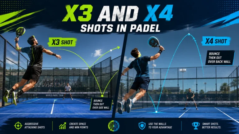 An infographic titled X3 and X4 Shots in Padel, diagramming ball trajectories bouncing over the side wall and back wall.