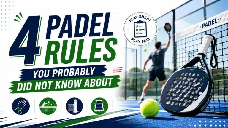 Graphic reading 4 Padel Rules You Probably Did Not Know About next to a padel racket, ball, and player on court.