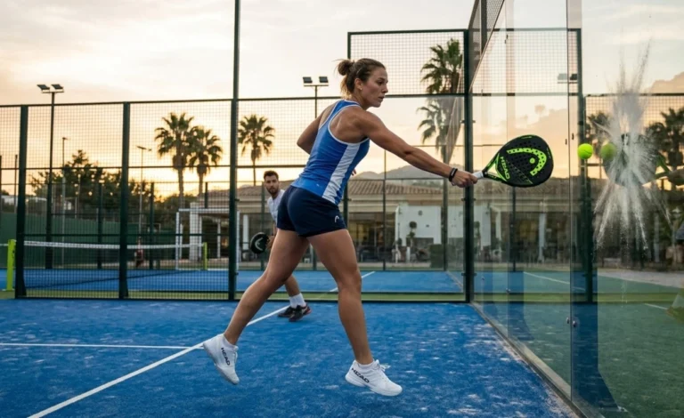 A female padel player reaching to hit a ball off the back glass wall on an outdoor blue court at sunset.