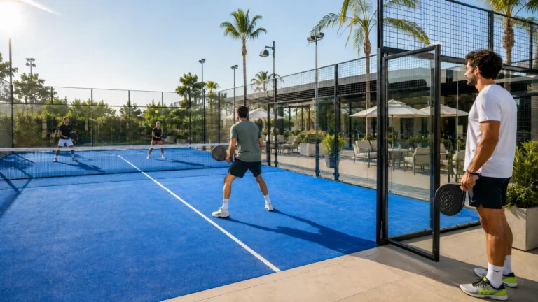 Four players competing in a doubles padel match on a blue court at a resort on a sunny day.