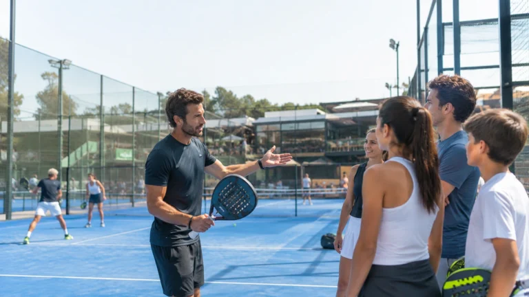 A male padel coach holding a racket while explaining court tactics to a small group of players on an outdoor blue court.