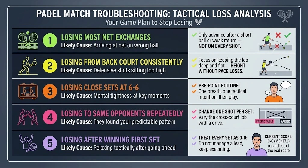 Infographic titled Padel Match Troubleshooting listing 5 tactical causes for losing matches alongside actionable game plan solutions.