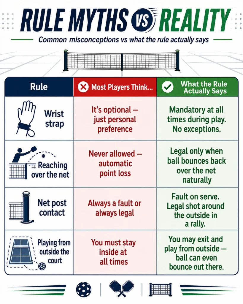 Infographic titled Rule Myths vs Reality comparing common padel misconceptions with actual official rules across four categories.
